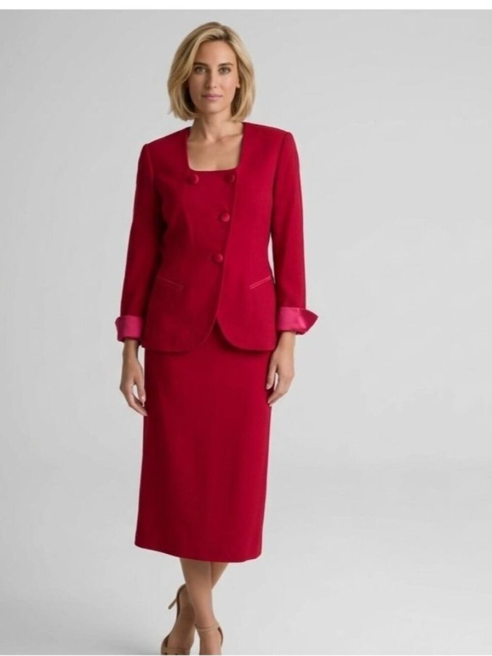 RARE VTG Christian Dior Red Skirt Suit Set Square Neck Blazer & Midi Skirt Wool